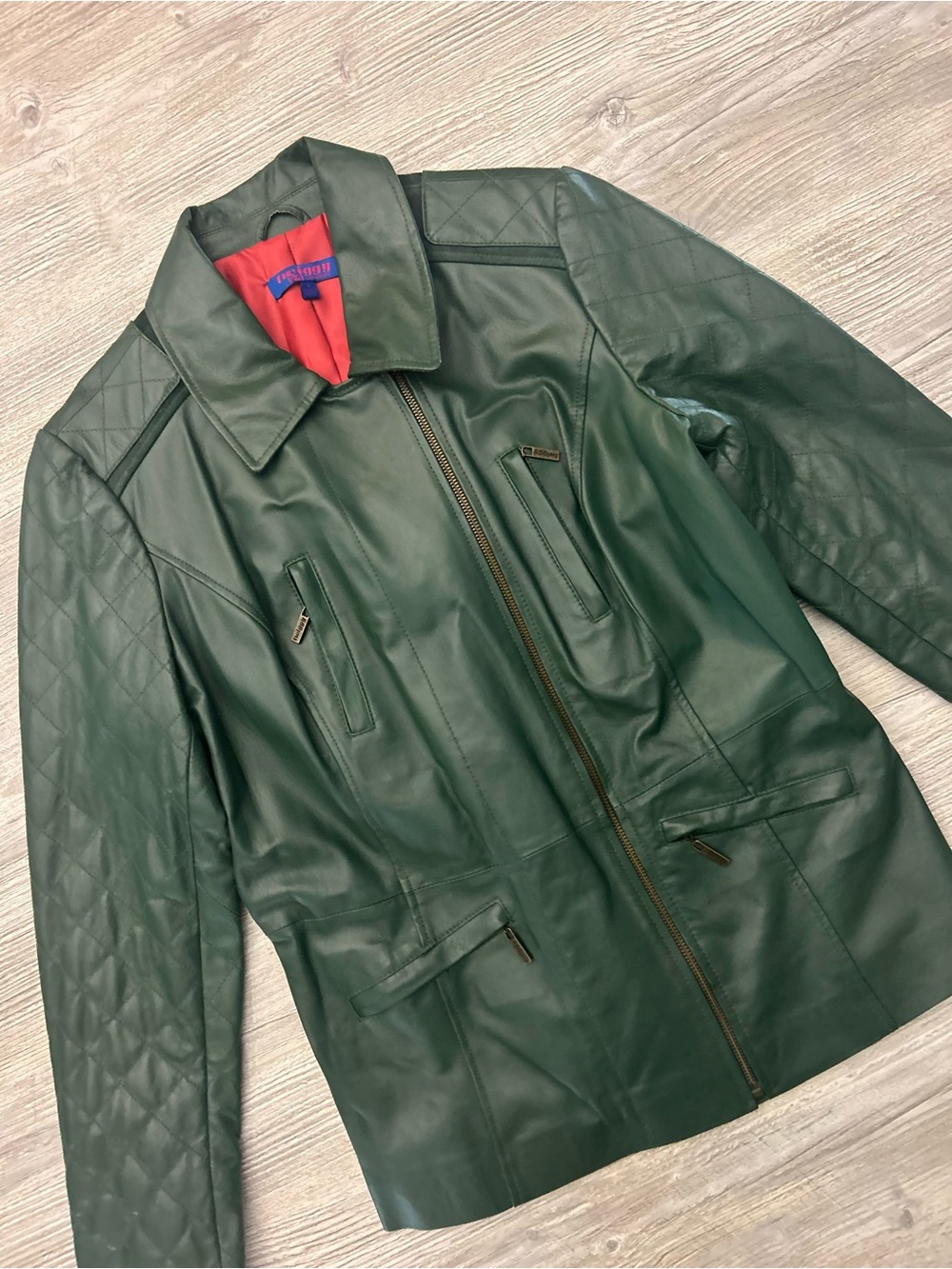 twiggy LONDON Green Genuine Leather Quilted Moto Jacket Size M Union Jack Flag